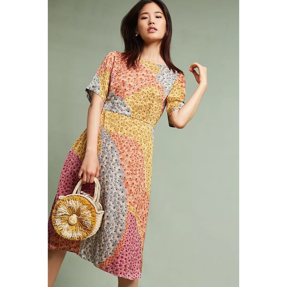 Anthropologie‎ Varun Bahl Catria Floral Midi Dress Pink Yellow Blue Patchwork